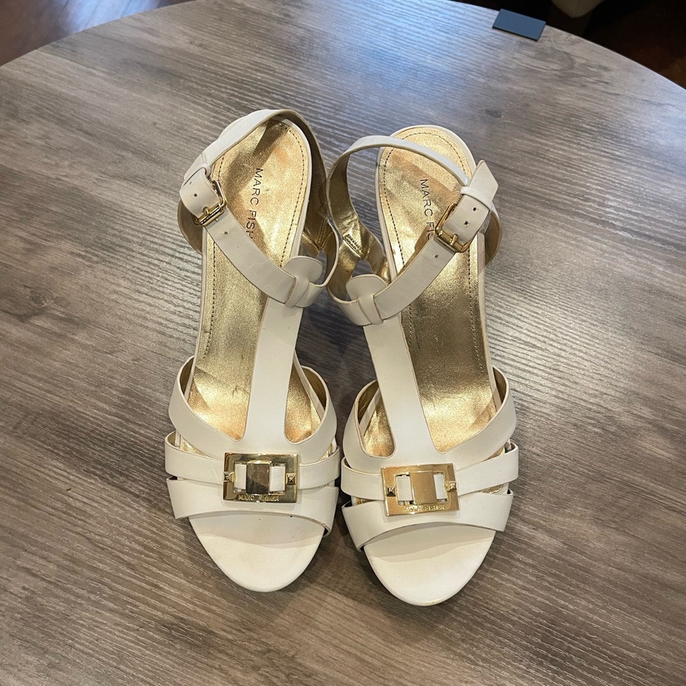 Marc Fisher Cream and Gold Buckle Heels